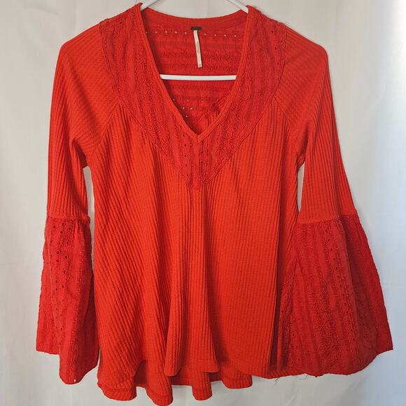 Free People Women's Parisian Nights Eyelet Embroidered Red Boho Top size  Xs - Picture 2 of 10